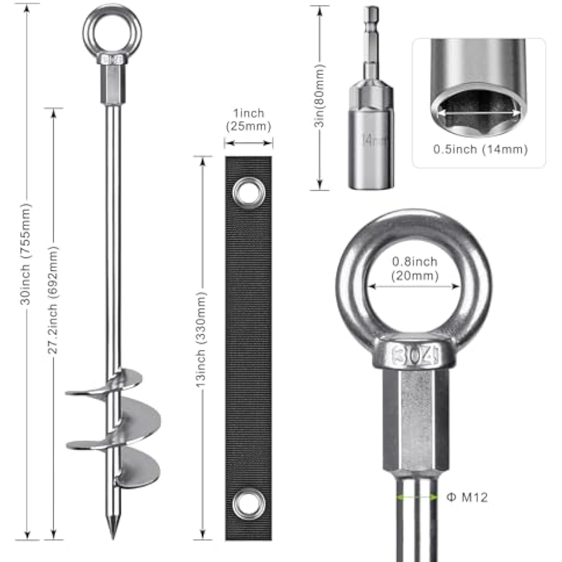 Insaga Tent Peg, 76cm Heavy Duty Ground Anchor Large Metal Earth Stake Spiral Blade Screw in Trampolines Spike for Swing Set/Camping/Shed/Dog/Carport with Fixed Loop Strap, 2 Pack
