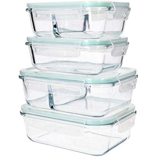 Navaris Glass Food Container Set - Mixed Set of 4 Storage Containers with Lids - Airtight, Leakproof, Oven, Microwave, Freezer and Dishwasher Safe