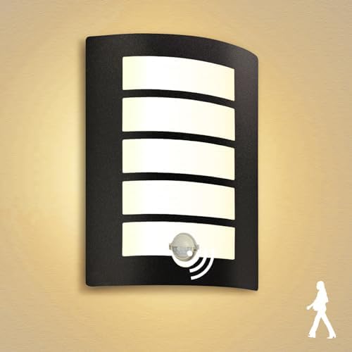 Allesgute Outdoor Wall Lights with PIR Motion Sensor, Curved Outside Lights Mains Powered Black IP44 Waterproof Wall Lamp Incl.E27 LED Bulbs 12W Warm White for Front Door Porch Stairway