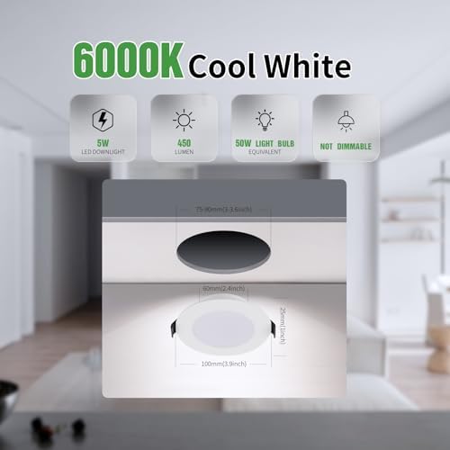 Grebbeam 20x 5W LED Recessed Ceiling Lights 230V, IP44 LED Spotlights 450LM, Cold White 6000K, Ø75-90mm Hole Diameter, Downlights for Bathroom, Kitchen, Living Room