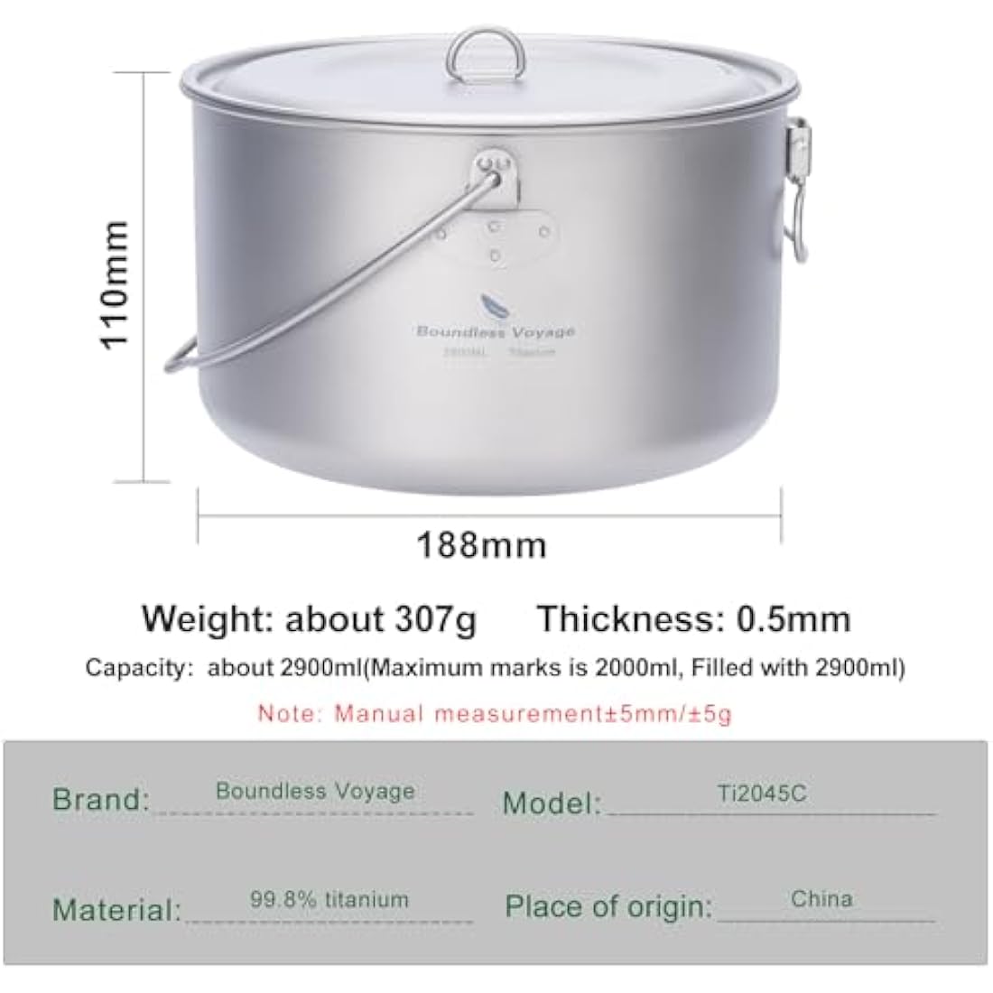 iBasingo 2.9L Titanium Campfire Cooking Pot Camping Cookware Tripod Cooking Pot with Lid Outdoor Lightweight Large Capacity Hiking Picnic Travel Bush Portable Hanging Saucepan Ti2045C