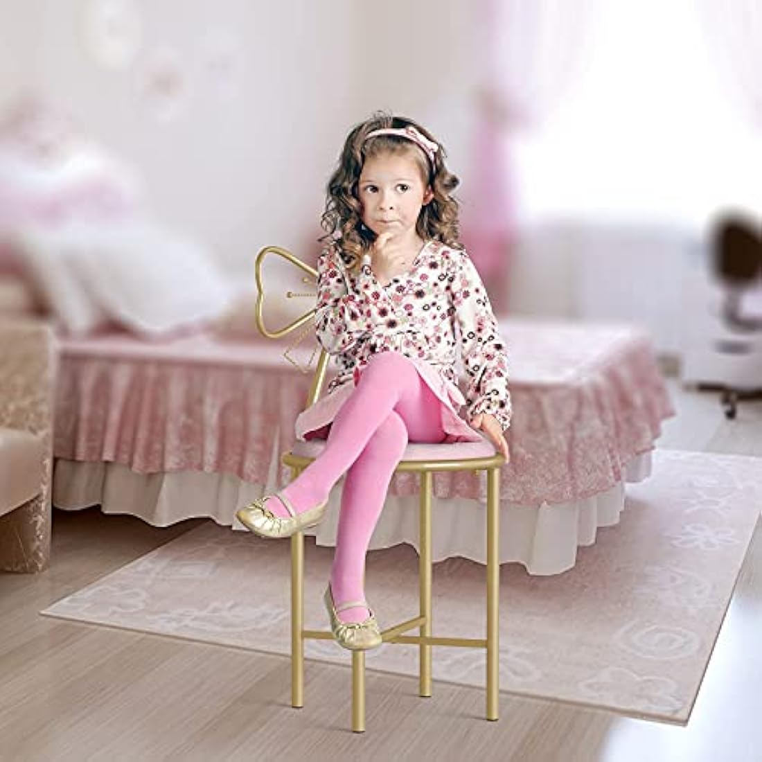 FATIVO Pink Glam Butterfly Back Vanity Chair - Velvet Makeup Stool with High Backrest for Girls Room, Clothing Store, Dressing Room, Beauty Store