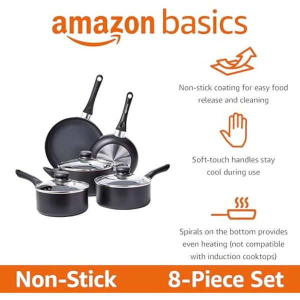 Amazon Basics 8-Piece Non-Stick Cookware Set, Black
