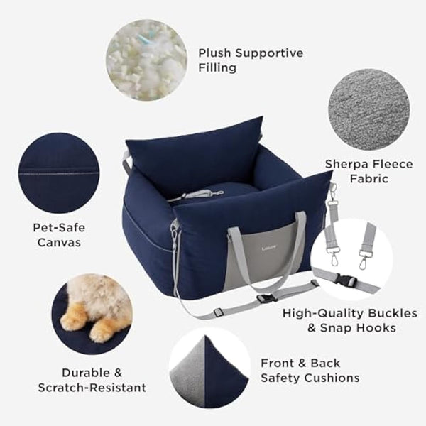 Lesure Dog Car Seat for Medium Dog - Waterproof Dog Booster Seat for Car with Storage Pockets, Clip-On Safety Leash and Memory Foam Filling, Small Pets Travel Carrier Bed, 58x56x33cm, Mood Indigo