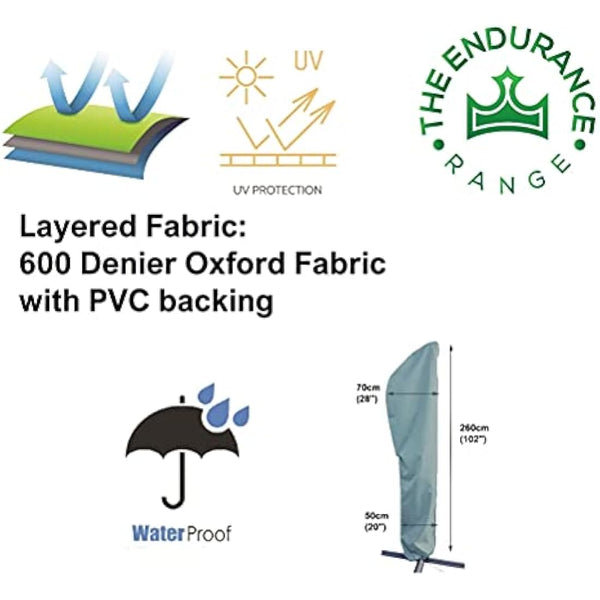 Kingsbridge Cantilever Parasol Cover, 600D Heavy Duty Fabric, Waterproof, Anti UV, fits up to 3M Parasols. Grey Outdoor Banana Overhanging Parasol Cover. Dimensions (Width x Height) 70cm x 260cm.