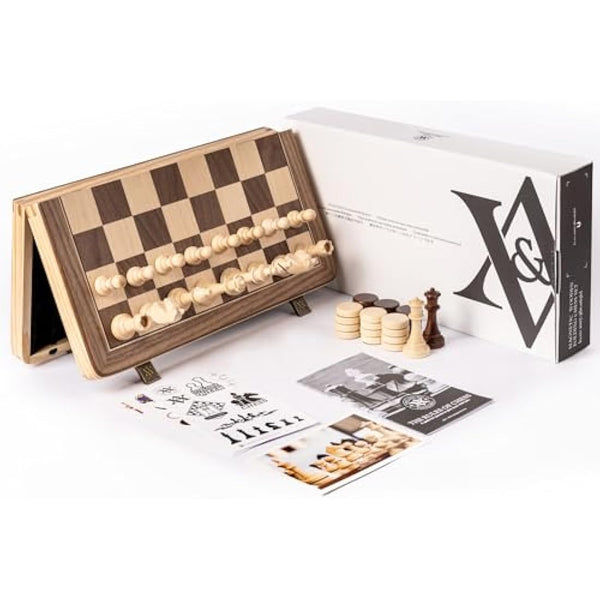 A&A 15" Magnetic Wooden Chess Set/Folding Board / 3" King Height German Knight Staunton Chess Pieces/2 Extra Queen