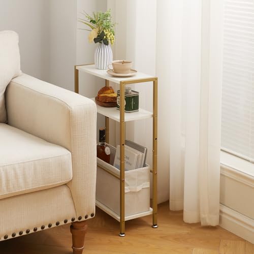 Aibiju Narrow Side Table,3-Tier Slim End Table with Fabric Basket, Modern Sofa Table for Narrow and Small Spaces,with Gold Metal Frame,White YD-TM052J