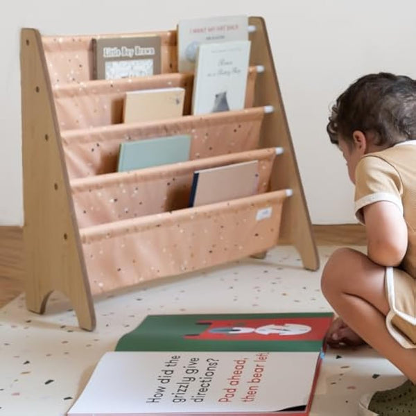 3 Sprouts Recycled Fabric Kids Bookshelf – 4-Tier Sling Book Rack Storage - Kids Room Book Shelves, Nursery, Playroom, Classroom - Bookcase Display Shelf for Toddler, Children Age 3+ - Terrazzo Clay
