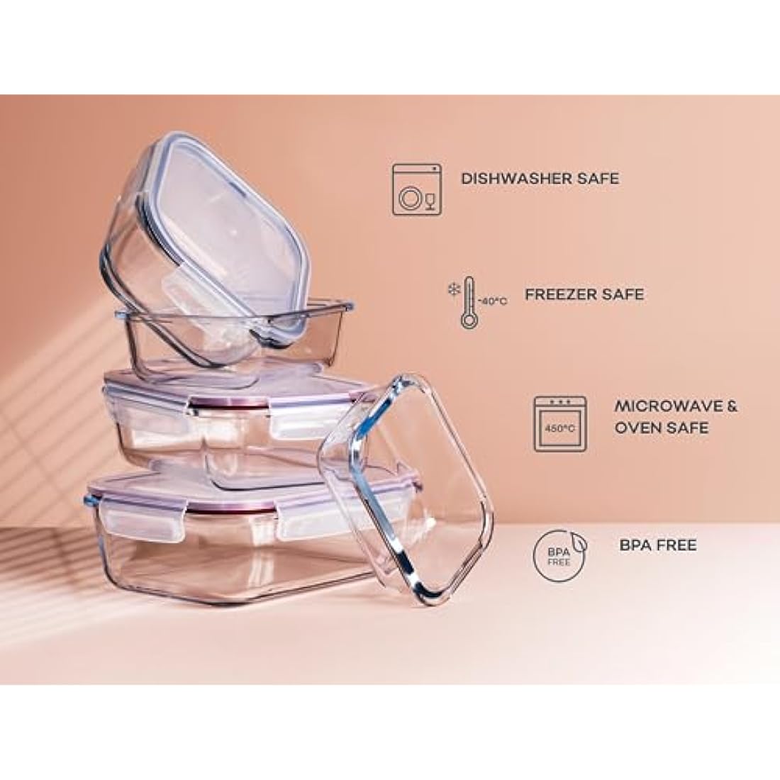 Franklin Lade Glass Food Storage Containers | 5 Piece Set 1040ml | BPA-Free Airtight LeakProof Lids | Food Containers | Glass Containers with Lids | Microwave, Oven, Freezer & Dishwasher Safe