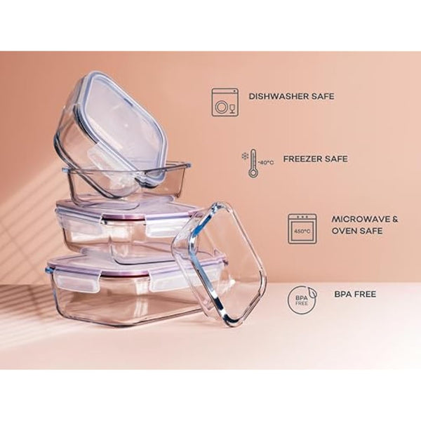 Franklin Lade Glass Food Storage Containers | 5 Piece Set 1040ml | BPA-Free Airtight LeakProof Lids | Food Containers | Glass Containers with Lids | Microwave, Oven, Freezer & Dishwasher Safe