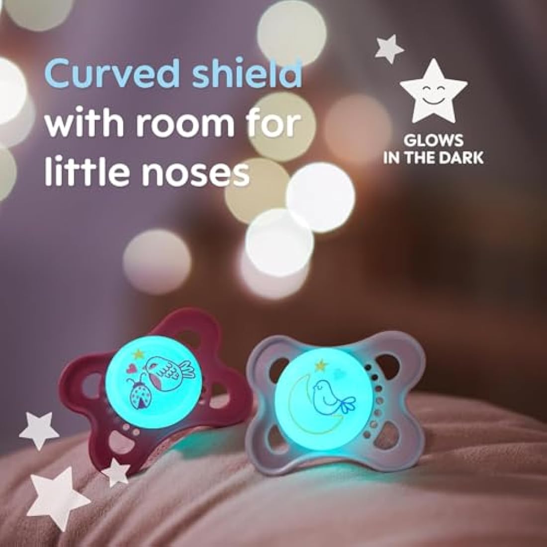 MAM Original Night Soothers | 0-6 Months | 2 Pack | Glow in The Dark | Comes in Dummy Steriliser Case | Baby Accessories for Newborn | Blue/Cream (Various Designs)