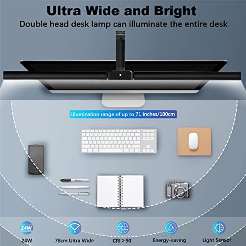 Hapfish LED Desk Lamp for Office, 24W Double Head Desk Light Bar for Study, Super Wide & Bright, 5 Color Modes and 5 Dimmable, Eye Protection Table Clamp Monitor Lights for Study/Working/Reading