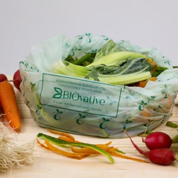 6L organic waste bags with handle - 100% compostable & biodegradable - tear-resistant organic bags for clean disposal with handle - also available as 10L, 20L, 30L