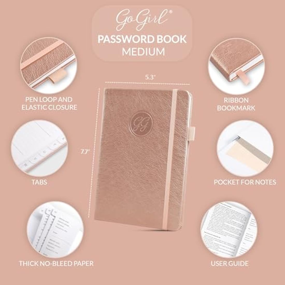 GoGirl Password Book with Alphabetical tabs – Internet Address & Password Keeper Logbook for Password Organization, Journal Notebook for Saving Website Logins. Medium Size 13.5 x 19cm - Rose Gold