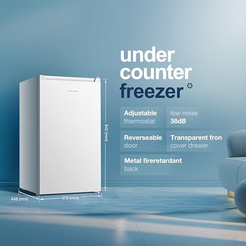 Fridgemaster MUZ4860E Freestanding Undercounter Freezer, 61Litres, 4 Star Freezer Rating, 48cm width, E Rated in White