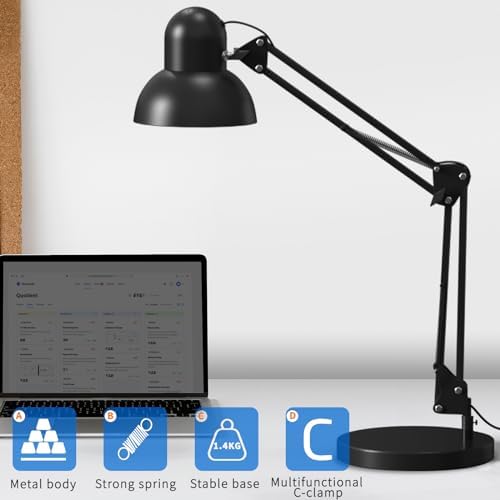 LONGTOO Bigger Table Lamp with E27 Screw Bulb, Flexible Clamp on Desk Light, Adjustable 65cm Swing Arm Light for Office, Bedside, Studying, and Reading