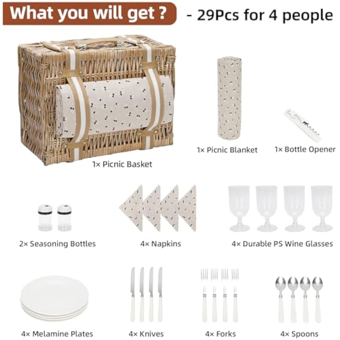 G GOOD GAIN Willow Picnic Basket Set for 4 Persons with Large Insulated Cooler Bag and Waterproof Picnic Blanket,Wicker Picnic Hamper for Camping,Outdoor,Valentine Day,Chirtmas,Thanks Giving,Birthday.