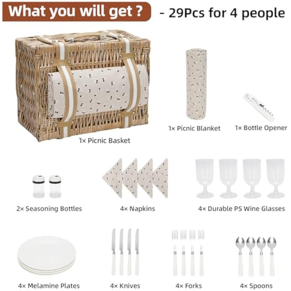 G GOOD GAIN Willow Picnic Basket Set for 4 Persons with Large Insulated Cooler Bag and Waterproof Picnic Blanket,Wicker Picnic Hamper for Camping,Outdoor,Valentine Day,Chirtmas,Thanks Giving,Birthday.