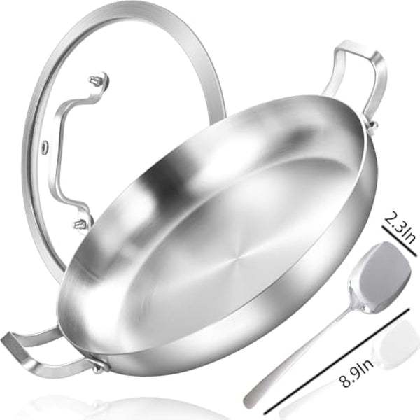 Inqibee 30 CM Tri-Ply Stainless Steel Paella Pan with Lid,Induction Cooking Frying Pan,Even Heating and Oven Safe