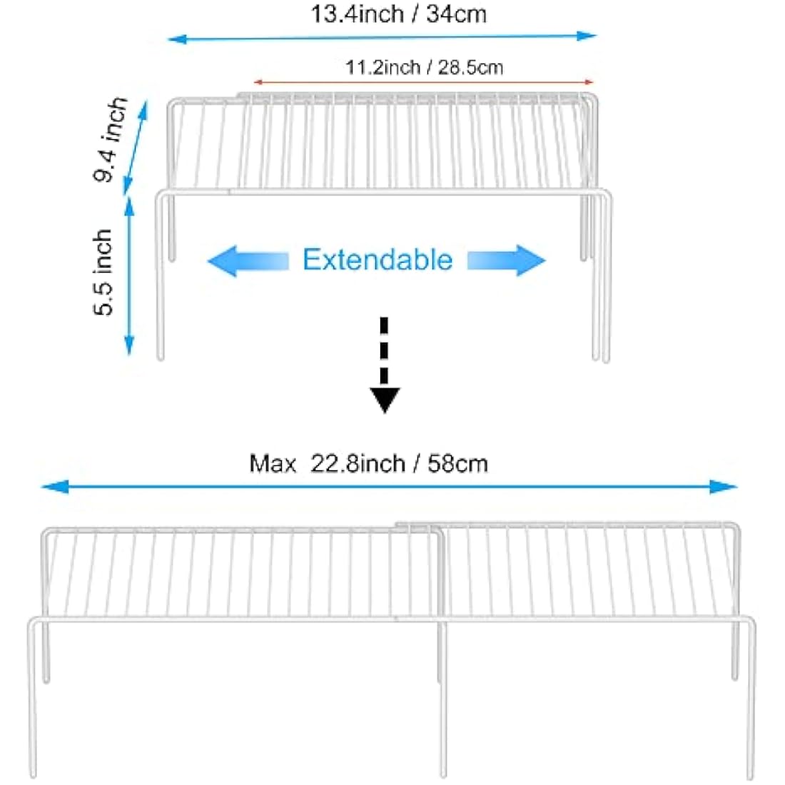 iPEGTOP Freezer Cabinet Storage Shelf, Expandable Metal Rustproof Spice Rack, Adjustable Kitchen Organizer Counter Fridge Pantry Shelf Space Saver, White, Set of 2