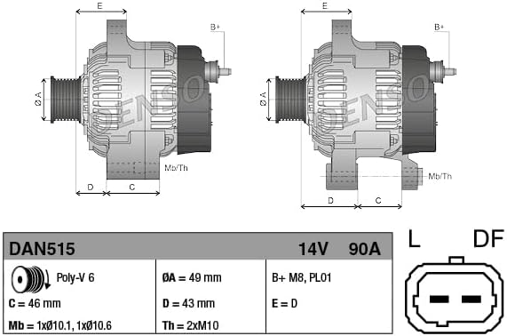DENSO Alternator - DAN515 - OE Number: 9638543680