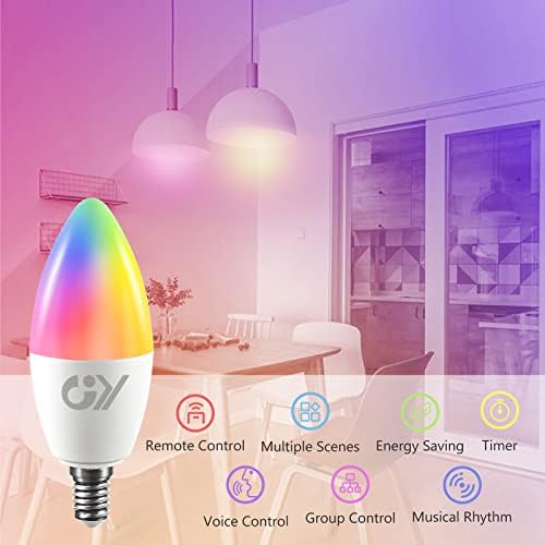 GY Smart Bulb C37 E14 Alexa Light Bulbs,6W 600lm 2700K-6500K RGB Dimmable Colour Changing Compatible with Alexa/Google Home 2.4 GHz WLAN,6 Packs