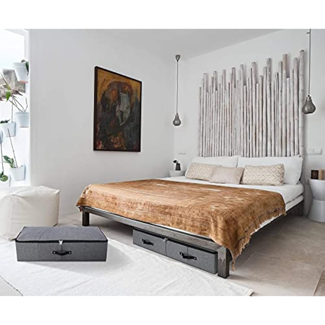 Foldable Under Bed Storage Box with Plastic Support Liner, 6 Handles, Zipper Lid, Blankets Clothes Comforters Storage Bin Organizer for Bedroom and Closet, 90×42×18cm, Black Grey