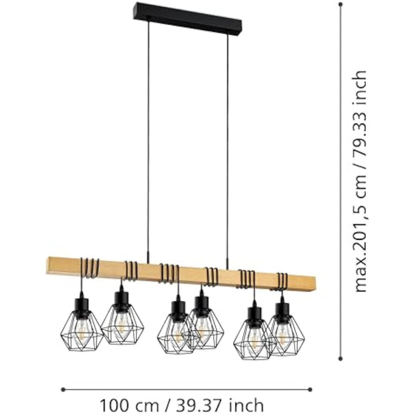 Eglo Pendant lighting Townshend 5, 6 light vintage hanging lamp in industrial design, retro ceiling light made of black metal and natural wood, FSC certified, E27