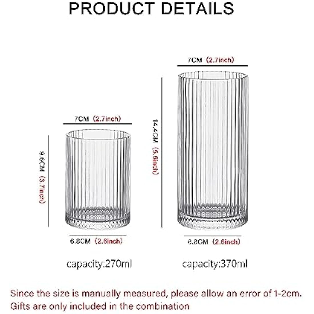 INSETLAN 370ml Drinking Glasses Set of 4,Vintage Ribbed Cup Glassware,Origami Style Transparent Cocktail Glasses Set, Bar Beverages Iced Coffee Cup Juice Ripple (L-370ML)