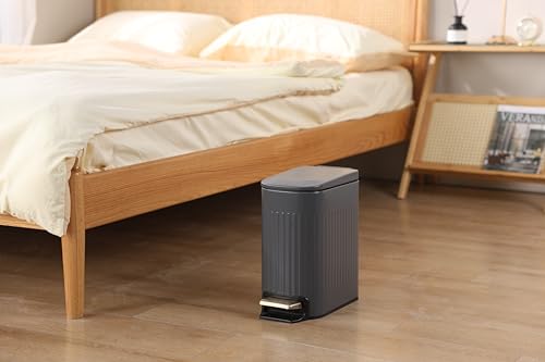 ELPHECO Slim Bathroom Trash Can Foot-Operated Stainless Steel Garbage Can with Soft Close Lid Step Trash Bin with Removable Inner Bucket for Bedroom, Office, Kitchen (Matt Grey, 1.8 Gallons)