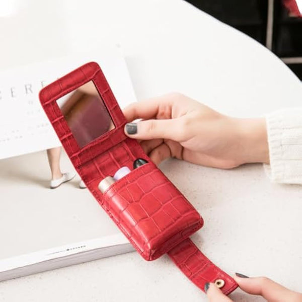 Lipstick Case, Aolaso Soft Leather Lipstick Holder Case with Mirror, Mini Cosmetic Storage for Women (Red)