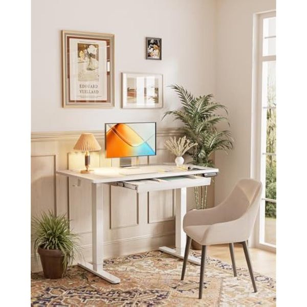 ErGear Electric Standing Desk 120 x 60 cm, Height Adjustable Desk, Sit Stand Table with Easy-Glide Drawer & 4 Memory Smart Pannal, T-Leg Design for Stability, Splice Board, White Frame & Surface