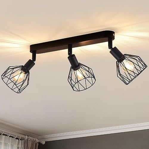 ANWIO Spot Light Fittings Ceilings,Kitchen Lights Ceiling with E14 Base Metal Wire Cage,Adjustable Black 3 Way Spotlights Ceiling Light,Ceiling Lights for Living Room