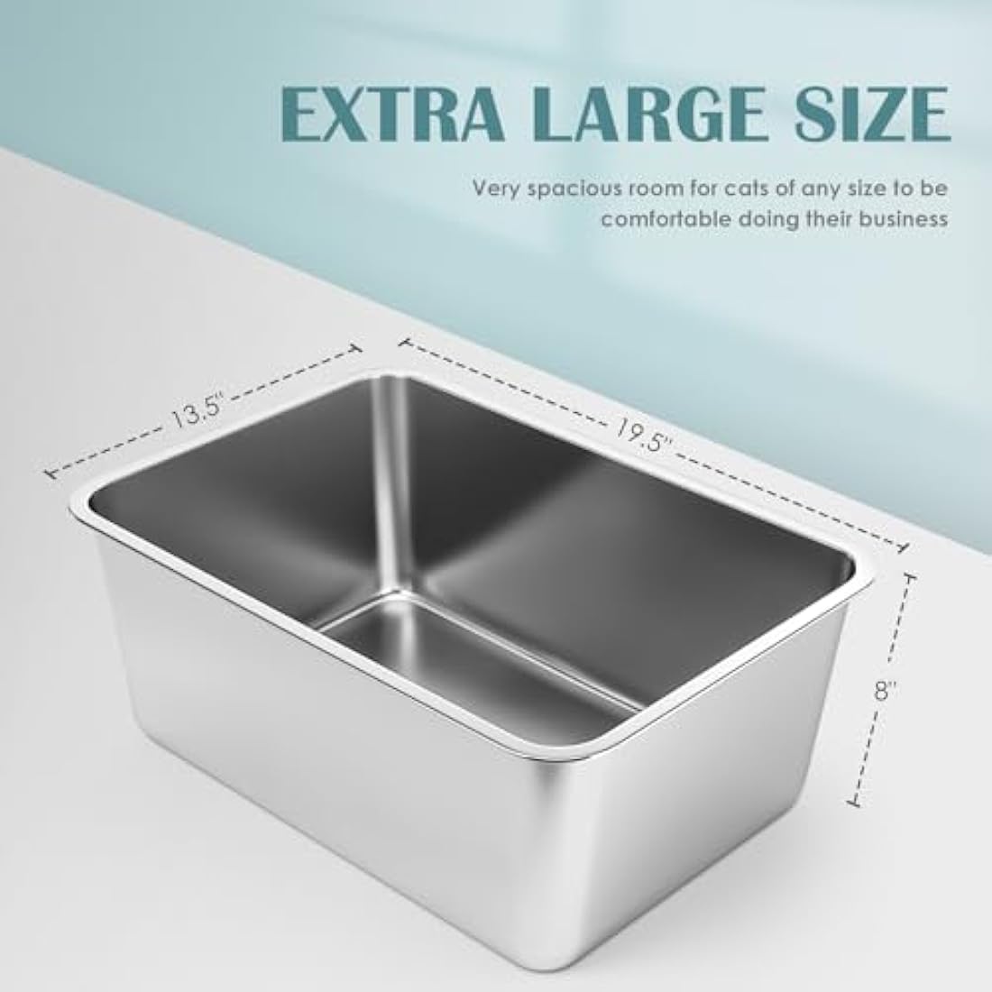 IKITCHEN Stainless Steel Cat Litter Box, Large Metal Litter Box for Cats Rabbits, Never Absorbs Odors,Stain Free, Rustproof, Non Stick Smooth Surface, Anti-slip Rubber Bottom, 19.5"L x 13.5"W x 8"H