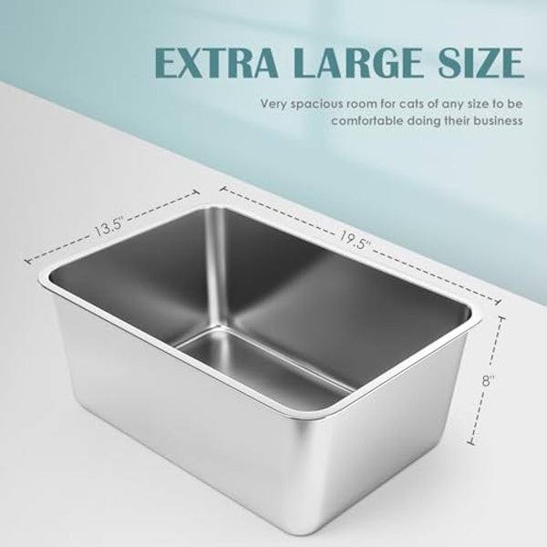 IKITCHEN Stainless Steel Cat Litter Box, Large Metal Litter Box for Cats Rabbits, Never Absorbs Odors,Stain Free, Rustproof, Non Stick Smooth Surface, Anti-slip Rubber Bottom, 19.5"L x 13.5"W x 8"H