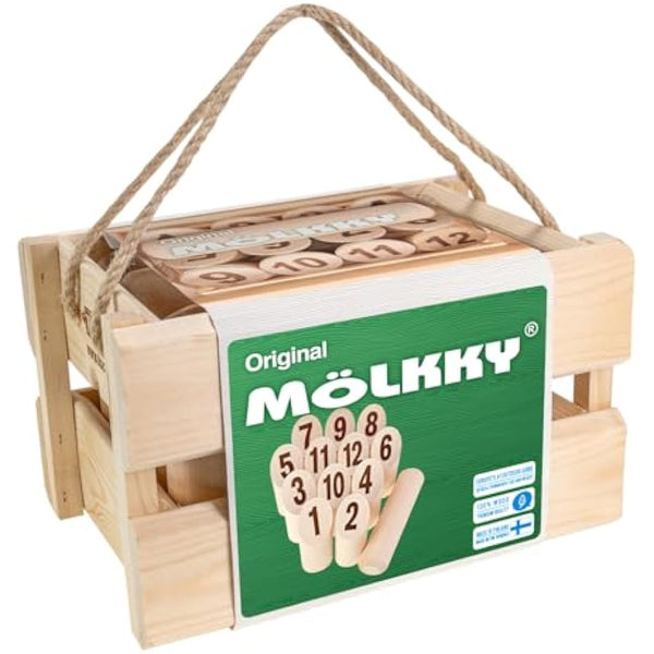 Mölkky Original - Birch Wood 12 Skittles, 1 Stick - Wooden Throwing Game for Outdoor, Garden, Picnic, Beach, Lawn, Leisure, Party - Molkky Game for Family, Groups, 2+ Players, 6+ Age