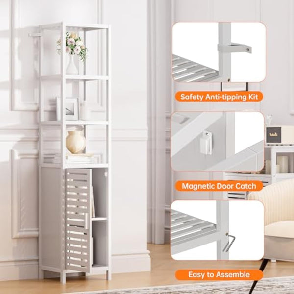 HITNET Bathroom Storage Cabinet, Bamboo Tall Narrow Linen Floor Standing Tower Organizer with Shutter Door and 4 Open Shelves for Kitchen, Living Room, Bedroom, White
