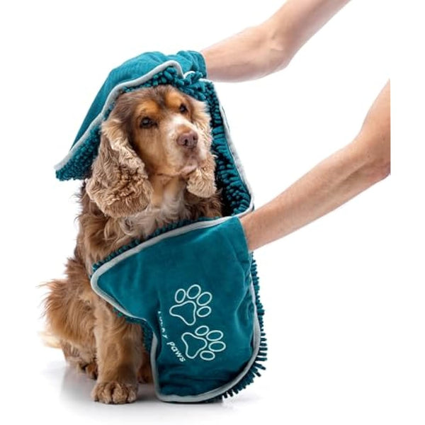 Lucky Paws® Chenille Dog Towel with Hand Pockets - UK Based Seller - Absorbent Microfibre Towel - Fast Drying - Super Soft - Machine Washable & Dryable - 88 x 32cm (Pack of 2, Teal)