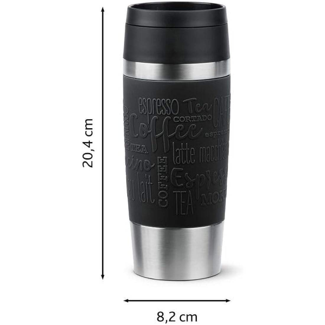 Tefal Travel Mug Classic Black, Comfort Screw Lid, Quick Press, Soft-Touch Sleeve, Travel-Ready, Reusable, 100% Leak-Proof, Keeps Drinks Cold (8 hrs) and Hot (4 hrs), 360° Drinking, N2020210
