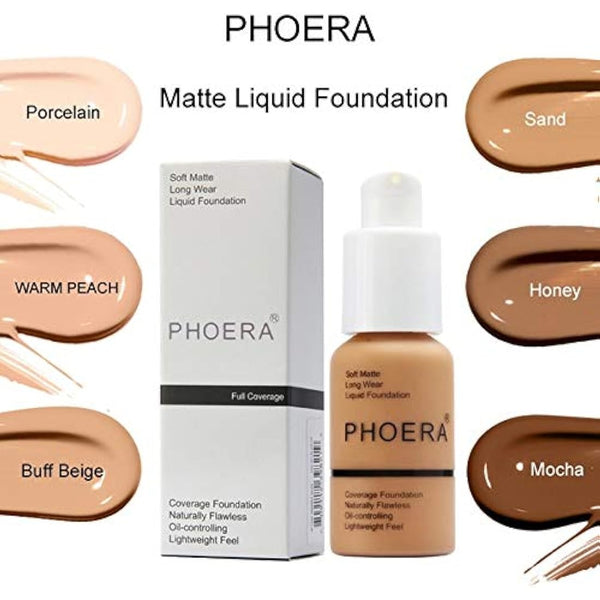 Aquapurity Phoera® Full Coverage Foundation Soft Matte Oil Control Concealer 30ml Flawless Cream Smooth Long Lasting 24HR UK (F101 PORCELAIN)