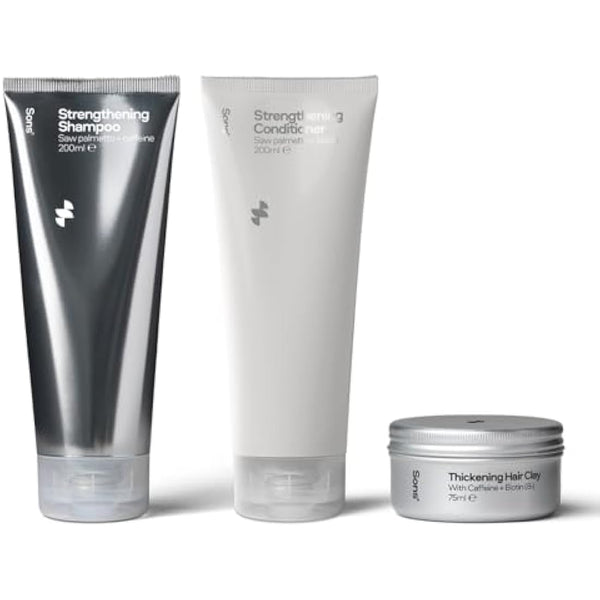 Sons Hair Strengthening Treatment Plan. Hair Growth Shampoo & Conditioner Plus Hair Styling Clay. DHT-blocker, Hair Thickening and Anti-Dandruff With Caffeine. 1 Month Supply. Made in Europe.