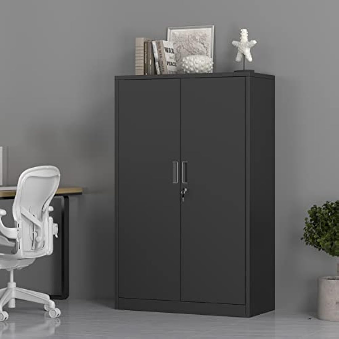 iJINGUR Metal Storage Cabinet with Locking Doors and 3 Adjustable Shelves, Lockable Steel Storage Cupboard for Home Office Garage Pantry (Black)