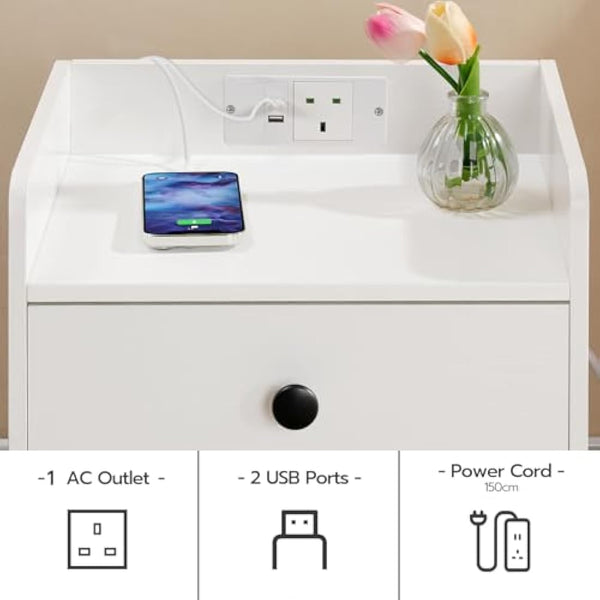 HOOBRO Bedside Table with Charging Station, Sofa Side Table with USB, Bed Side End Table with Socket and 2 USB Ports, Nightstand with Drawer, for Bedroom, Living Room, White EWT18KBZ01