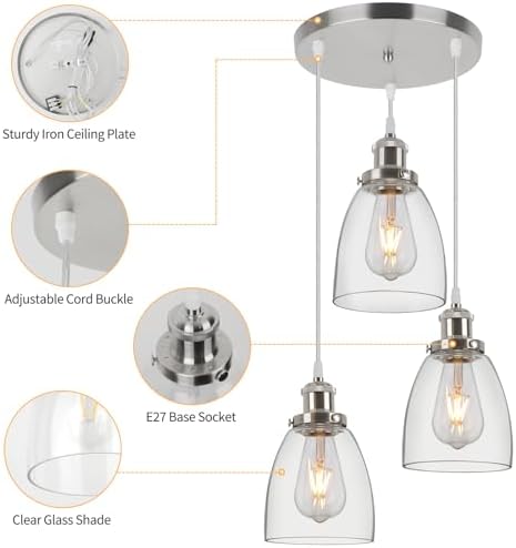 FORCOSO Industrial Glass Pendant Light, 3-Light Cone Shade, Brushed Nickel, Warm White, 1800 Lumen, 180W, Indoor, Kitchen, Bedroom, Living Room