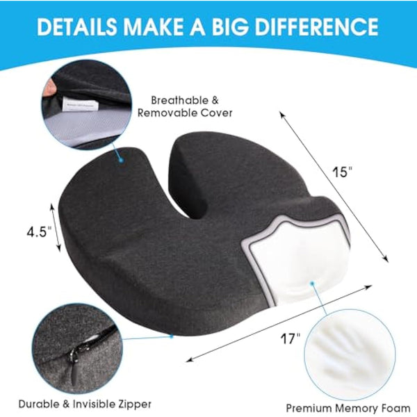 Firhuza Seat Cushion Office Chair Cushions Memory Foam Pressure Relief Cushion for Hip, Tailbone, Coccyx, Sciatica,Ergonomic Seat Cushion Pad for Desk Chair, Wheelchair, Car Seat for Long Sitting