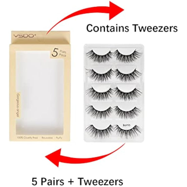 False Eyelashes 5 Pairs Reusable 3D Fluffy Lashes Handmade Natural Thick Fake Eyelashes Contains Stainless Steel Eyelash Tweezers (Bomb)