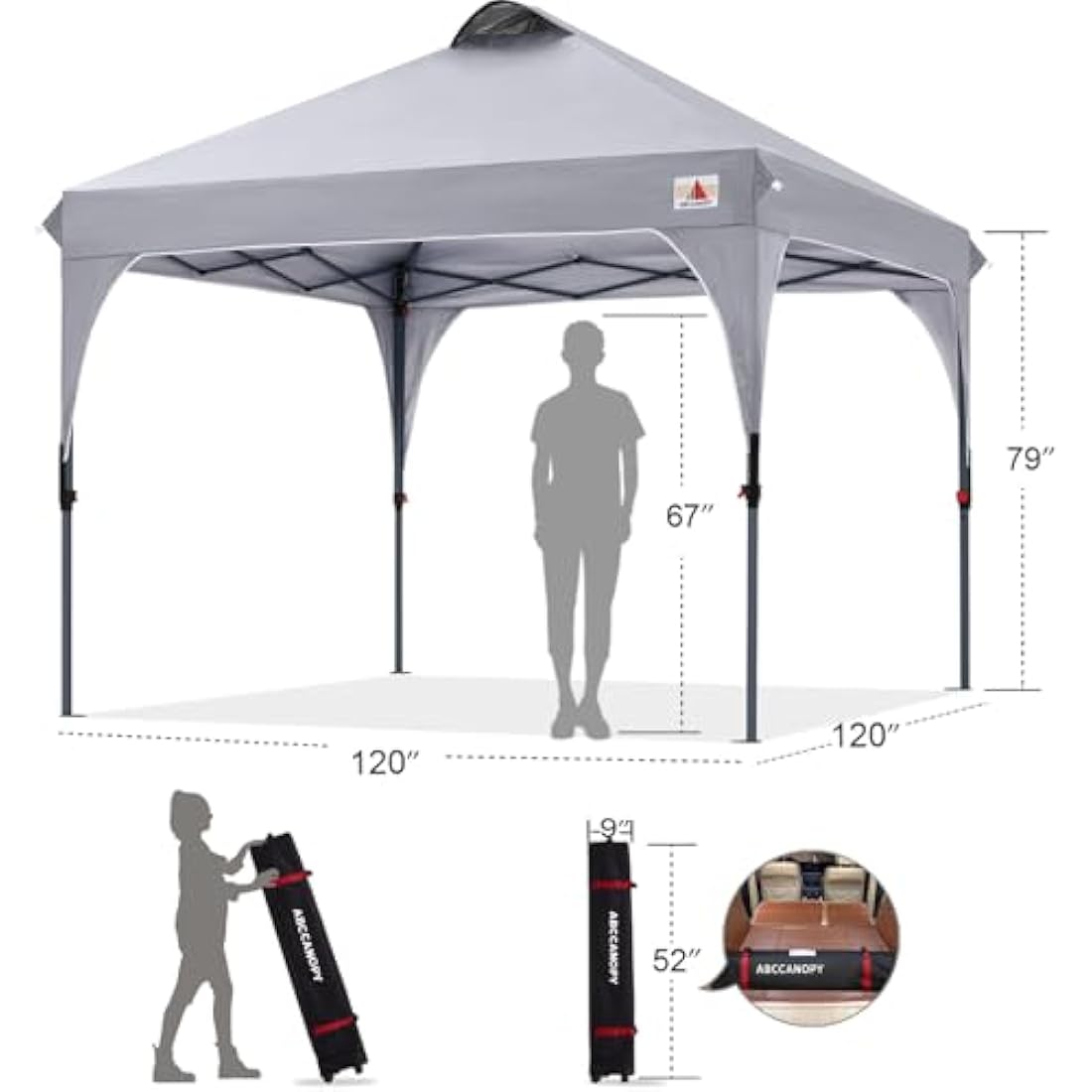 ABCCANOPY 3x3M Pop Up Gazebo Commercial Gazebo With Upgrade Roller Bag, 4 Weight Bags, Stakes and Ropes(Grey)