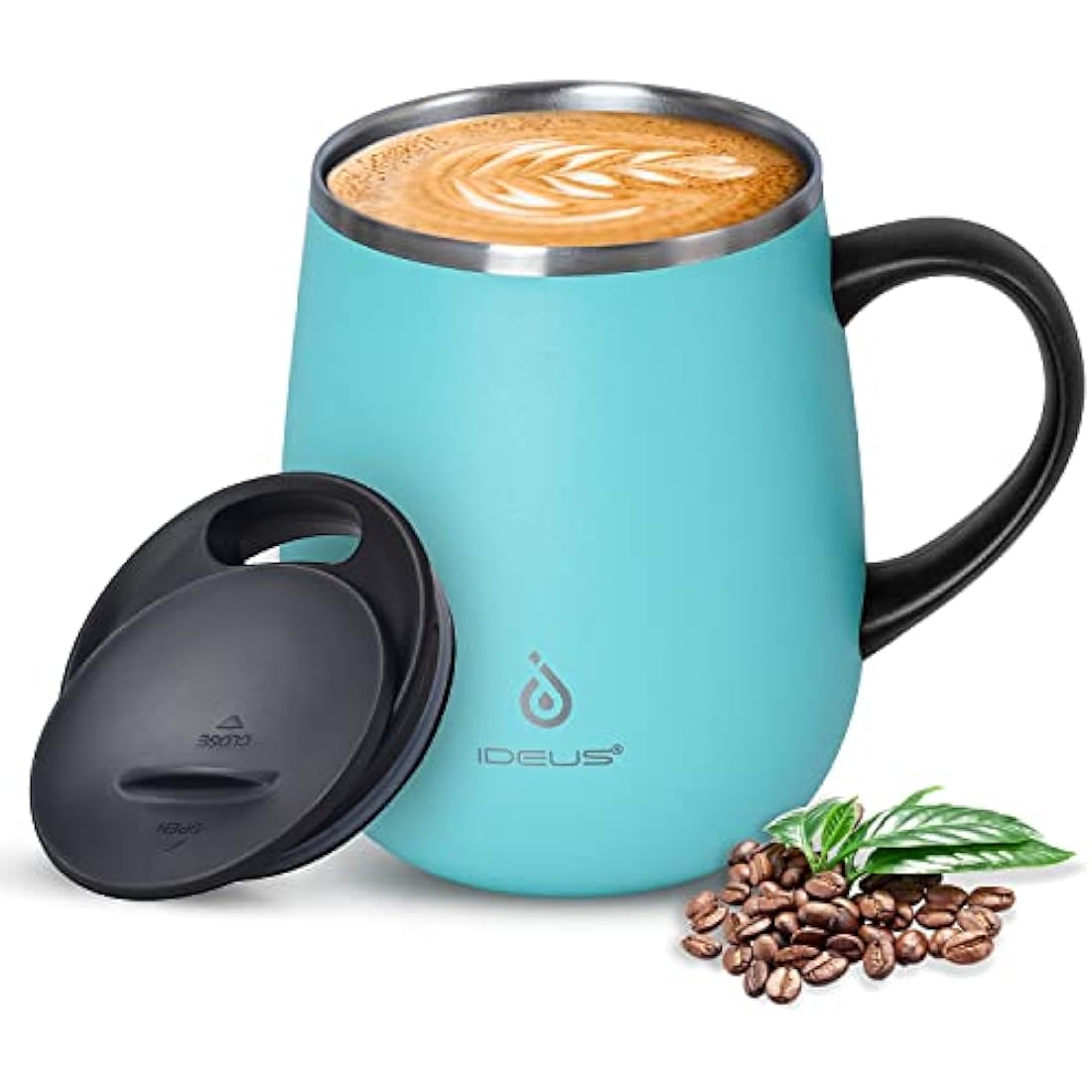 Ideus Coffee Mug 470ml (16oz), Double Wall Vacuum Insulated Stainless Steel Coffee & Tea Cup w/Non-Slip Handle & Slider Module Lid & Large Volume (Light Blue)