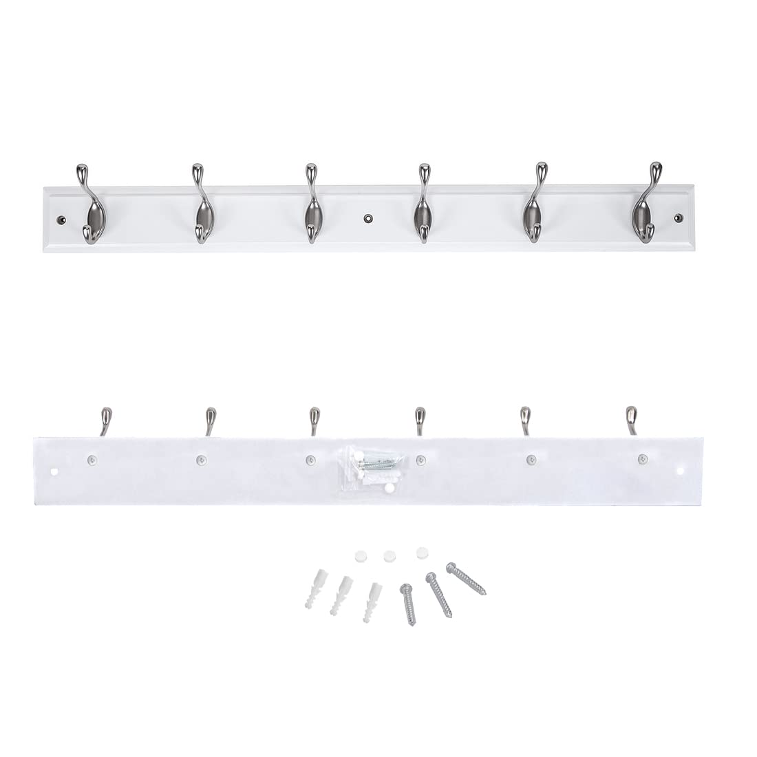 DOKEHOM [2 Pack 6-Satin Nickel Hooks on White Wooden Board Wall Mounted Coat Hook Rack Hanger