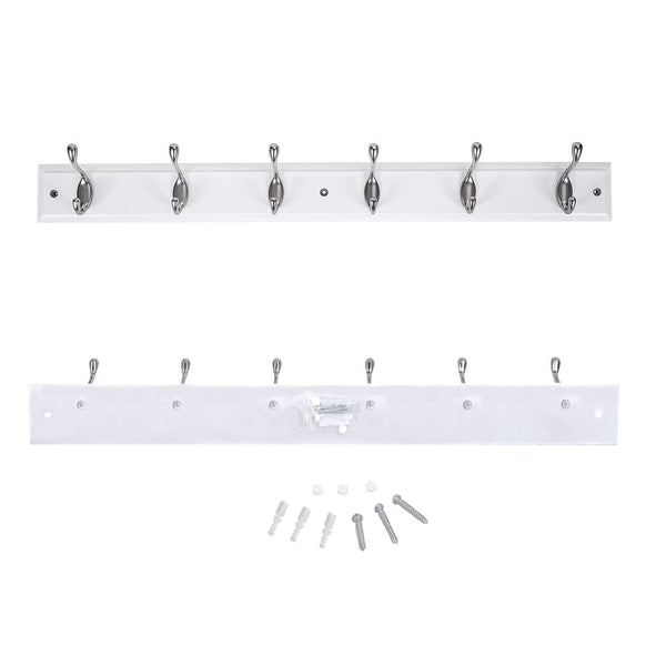 DOKEHOM [2 Pack 6-Satin Nickel Hooks on White Wooden Board Wall Mounted Coat Hook Rack Hanger
